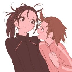 2girls 55bata6rou black_eyes black_hair black_jacket brown_eyes brown_hair clenched_hand closed_mouth eye_contact eyelashes furrowed_brow hand_on_own_chest hand_up highres jacket kamisaki_hikaru long_hair long_sleeves looking_at_another medalist_(manga) multiple_girls pink_jacket ponytail profile serious short_hair simple_background smile sweatdrop talking track_jacket upper_body white_background yuitsuka_inori