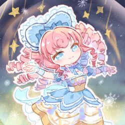 1girl :3 aqua_ribbon back_ribbon bare_shoulders blue_arm_warmers blue_bonnet blue_bow blue_bowtie blue_dress blue_eyes blue_sleeves bonnet bow bow_choker bowtie cat_princess character_print chinese_commentary choker classic_lolita closed_mouth commentary_request curly_hair dancing detached_sleeves dress drill_hair eyelashes faewish_sprite feet_out_of_frame frilled_arm_warmers frilled_choker frilled_dress frilled_headwear frilled_sleeves frills hair_bow happy heart heart-shaped_bonnet heart_print in_snow_globe infinity_nikki light_blush lolita_fashion long_hair making-of_available medium_dress night nikki_(series) orange_hair outdoors outline outstretched_arms puffy_short_sleeves puffy_sleeves ribbon short_sleeves sky smile snow_globe snowflakes solo standing star_(sky) star_(symbol) starry_sky strapless strapless_dress textless_version timeless_melody_(infinity_nikki) white_choker white_outline