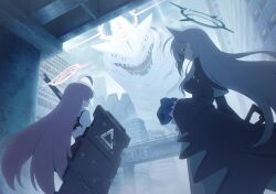 2girls ahoge animal_ear_fluff animal_ears ballistic_shield binah_(blue_archive) black_dress black_skirt blue_archive blue_eyes blue_mask dress extra_ears from_below gun highres holding holding_gun holding_mask holding_shield holding_weapon hoshino_(armed)_(blue_archive) hoshino_(blue_archive) looking_at_viewer mask multiple_girls non-web_source official_art pink_hair plaid_clothes plaid_skirt shield shiroko_(blue_archive) shiroko_terror_(blue_archive) shirt shotgun skirt weapon white_shirt wolf_ears wolf_girl