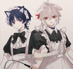 Rule 34 | 2boys, absurdres, animal ears, apron, bandaid, bandaid on cheek, bandaid on face, black collar, black dress, blue hair, cat boy, cat ears, closed mouth, collar, crossdressing, dark blue hair, dog boy, dog ears, dress, eyeliner, genshin impact, grey background, highres, kaedehara kazuha, maid, maid apron, maid headdress, male focus, multicolored hair, multiple boys, purple eyes, red eyeliner, red eyes, red hair, scaramouche (genshin impact), short hair, smirk, white hair, yeye01370