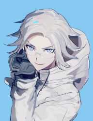 1boy aotsuki_eito black_gloves blue_background blue_eyes glasses gloves highres looking_at_viewer male_focus parted_hair simple_background smile solo solo_focus the_hundred_line_-last_defense_academy-