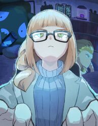 2girls arched_bangs black-framed_eyewear blonde_hair blue_sweater closed_mouth coat commentary_request energy_drink gen_5_pokemon glasses green_eyes half-closed_eyes highres indoors long_hair maato_tac master_ball multiple_girls nintendo oleana_(pokemon) open_clothes open_coat poke_ball pokemon pokemon:_twilight_wings pokemon_(creature) pokemon_sv ribbed_sweater sada_(pokemon) sweater trubbish