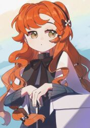 1girl :o black_bow black_hairband black_ribbon blue_background blue_dress bow braided_sidelock capelet dress facing_viewer green_eyes hair_bow hairband hands_up highres long_hair long_sleeves looking_to_the_side neck_ribbon official_alternate_costume orange_hair reverse:1999 ribbon sanjuqing&#039;an solo sonetto_(emotion_in_tranquility)_(reverse:1999) sonetto_(reverse:1999) upper_body white_capelet