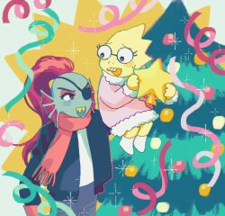 2girls alphys beryllium_game black_jacket blue_skin christmas_tree colored_skin commentary_request confetti dress eyepatch fins fish_girl fur-trimmed_dress fur_trim head_fins holding holding_star jacket multiple_girls one_eye_covered open_mouth pink_dress ponytail red_hair red_scarf reptile_girl scarf shirt sitting_on_shoulder star_(symbol) undertale undyne white_shirt