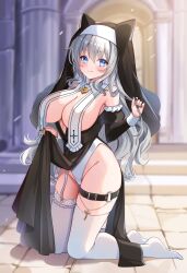 1girl black_dress blue_eyes blush breast_curtains breasts cleavage clothes_lift dress dress_lift fang garter_straps groin highleg highleg_panties highres katsushika_pachi kneeling large_breasts lifting_own_clothes long_hair no_shoes nun original panties single_garter_strap smile solo thigh_strap thighhighs thighs underwear white_hair white_panties white_thighhighs