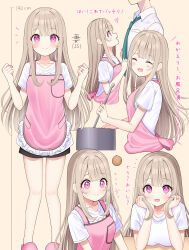 1boy 1girl absurdres apron black_shorts blush blush_stickers breasts brown_hair closed_eyes collarbone collared_shirt cooking_pot green_necktie heart height_difference highres holding holding_ladle ladle long_hair mizukoshi_(marumi) necktie onion original pink_apron pink_eyes pink_slippers pocket shirt shorts slippers smile tearing_up translation_request white_shirt