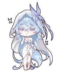 1girl alternate_costume alternate_hair_length alternate_hairstyle bare_shoulders blue_hair breasts bridal_veil chibi chibi_only cleavage closed_mouth colored_eyelashes commentary dress earrings full_body hair_between_eyes hand_up highres jewelry large_breasts long_dress long_hair looking_at_viewer purple_eyes shorekeeper_(wuthering_waves) simple_background smile solo veil very_long_hair wedding_dress white_background white_dress white_veil wuthering_waves youngjoo_kjy