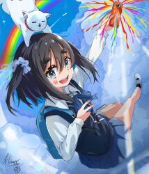 1girl absurdres amamiya_satsuki_(mono) animal animal_collar animal_on_head avarangers backpack bag black_hair blue_bag blue_bow blue_bowtie blue_eyes blue_scrunchie blue_skirt blue_sky blue_sweater_vest bow bowtie camera cat chinese_commentary cloud collar collared_shirt commentary contrail flying hair_ornament hair_scrunchie highres holding holding_bag holding_camera long_sleeves looking_at_viewer medium_hair mixed-language_commentary mono_(afro) on_head one_side_up outstretched_arm paw_print pleated_skirt rainbow school_uniform scrunchie shirt shoes signature skirt sky sweater_vest taishou_(mono) thick_eyebrows v white_cat white_shirt white_shoes