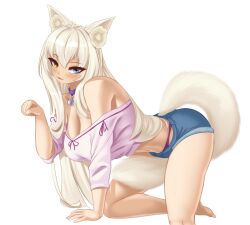 1girl :3 absurdres ahoge animal_ear_fluff animal_ears bare_shoulders barefoot bell blonde_hair blue_eyes blush breasts cat_ears cat_girl cat_tail cleavage coconut_(nekopara) collar fluffy heterochromia highres large_breasts long_hair neck_bell nekopara panties paw_pose purple_collar purple_panties purple_ribbon purple_shirt ribbon shirt short_shorts shorts sketch tail takie_arts underwear very_long_hair white_background yellow_eyes