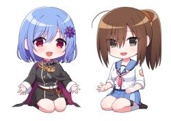 Rule 34 | 2girls, :d, angel beats!, belt, belt buckle, black cape, black jacket, black skirt, black socks, blue hair, blue sailor collar, blue skirt, breasts, brown eyes, brown footwear, brown hair, buckle, cape, chibi, collarbone, commentary request, company connection, crossover, flower, hair between eyes, hair flower, hair ornament, hisako (angel beats!), houkiboshi (prima doll), jacket, key (company), loafers, long sleeves, looking at viewer, medium breasts, multiple girls, nakamura hinato, neckerchief, open mouth, pink neckerchief, pleated skirt, ponytail, prima doll (anime), purple flower, red eyes, sailor collar, shirt, shoes, side cape, simple background, skirt, sleeves past wrists, smile, socks, white background, white belt, white shirt, white socks