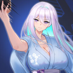Rule 34 | 1girl, alternate costume, answering, azur lane, blue background, blue kimono, bow, breasts, cleavage, closed mouth, commentary request, eagle union (emblem), fingernails, floral print, floral print kimono, hair between eyes, hand up, highres, holding, holding paddle, japanese clothes, kearsarge (azur lane), kimono, large breasts, long hair, long sleeves, motion lines, official alternate costume, paddle, print kimono, purple eyes, sash, sidelocks, sweat, table tennis paddle, translation request, upper body, very long hair, white hair, white sash, wide sleeves