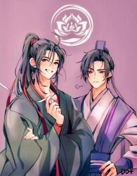 2boys ahoge artist_name black_hair black_hanfu black_robe brothers brown_eyes chinese_clothes crossed_arms grin hair_ribbon hand_on_own_hip hanfu high_ponytail highres holding holding_ribbon jiang_cheng korean_commentary long_hair long_sleeves looking_at_viewer male_focus modao_zushi multiple_boys ponytail purple_background purple_eyes purple_hanfu purple_ribbon red_ribbon ribbon ribboned_xiao_guan robe siblings simple_background smile to_dot topknot upper_body wei_wuxian white_ribbon wide_sleeves xiao_guan_(headdress)