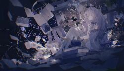 1girl absurdres arcaea bare_shoulders book bow braid charon_(arcaea) collar dress flower full_body hair_between_eyes hair_ornament highres jacket lacrymira_0 lagrange_(arcaea) long_hair monocle purple_bow purple_eyes purple_hair sidelocks single_braid sitting twintails white_jacket yellow_dress