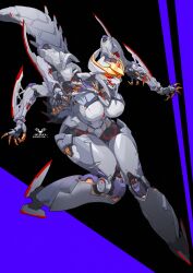 1girl absurdres artist_logo black_background blue_background breasts claws commentary dated extra_arms frandre92 full_body highres humanoid_robot joints large_breasts large_tail logo mechanical_tail open_mouth original outstretched_arms red_eyes robot robot_girl robot_joints science_fiction sharp_teeth solo tail teeth two-tone_background