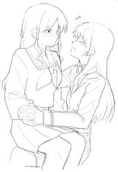 2girls bang_dream! bang_dream!_it&#039;s_mygo!!!!! blush chihaya_anon closed_eyes collared_shirt commentary_request crying crying_with_eyes_open fang greyscale hand_on_another&#039;s_head haneoka_school_uniform highres holding_hands interlocked_fingers korean_commentary kudo_404nf long_hair long_sleeves monochrome multiple_girls nagasaki_soyo necktie pleated_skirt sailor_collar school_uniform shirt skirt tears tsukinomori_school_uniform yuri