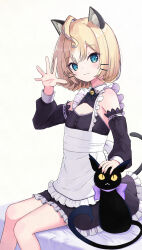animal_ears apron bare_legs bell black_cat blonde_hair cat cat_ears cat_girl cat_tail cleavage_cutout clothing_cutout ethyria green_eyes highres maid maid_apron millie_parfait nijisanji nijisanji_en sitting tail