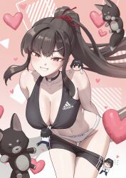 1girl absurdres adidas arms_behind_back bare_shoulders black_choker black_shorts black_sports_bra brand_name_imitation breasts brown_hair calvin_klein choker cleavage clothes_pull commentary_request crop_top grin hair_ribbon heart heart_choker highres korean_commentary large_breasts leaning_forward long_hair looking_at_viewer midriff mini_person miniboy navel novelpia original panties ponytail red_eyes ribbon short_shorts shorts shorts_pull sleeveless smile solo sports_bra thighs underwear very_long_hair white_panties woottak09