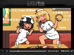 2girls :d air_conditioner aki_minoriko alternate_costume animal_ears black_hair blonde_hair breasts closed_eyes commentary_request cup danmaku_comments dress feet_out_of_frame flat_chest floppy_ears grape_hat_ornament hat holding holding_microphone holding_tambourine inaba_tewi indoors karaoke large_breasts microphone multiple_girls music niconico nurse nurse_cap onikobe_rin open_mouth rabbit_ears rabbit_girl short_hair singing smile standing teeth touhou translation_request upper_teeth_only white_dress white_hat