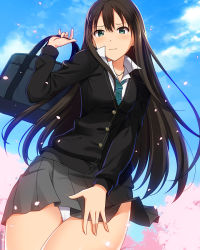 10s 1girl blush brown_hair cardigan cherry_blossoms female_focus green_eyes idolmaster idolmaster_cinderella_girls kyoku_tou long_hair looking_at_viewer necktie panties pantyshot school_uniform shibuya_rin solo underwear