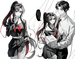1boy 1girl ahoge alternate_costume alternate_hair_length alternate_hairstyle alternate_universe black_hair black_necktie black_pants black_serafuku black_skirt blush book breasts chinese_commentary chinese_text closed_mouth clothes_grab clothes_lift collared_shirt colored_speech_bubble contemporary cowboy_shot curtains deeplake_(shen_hu_zhou) finger_to_mouth genderswap genderswap_(mtf) greyscale hair_between_eyes hair_ribbon hand_up height_difference hetero highres holding holding_book hug index_finger_raised lan_wangji lifting_own_clothes long_hair long_sleeves looking_at_another looking_at_viewer modao_zushi monochrome neckerchief necktie no_panties open_mouth pants parted_bangs pleated_skirt ponytail red_neckerchief red_ribbon ribbon sailor_collar school_uniform second-party_source serafuku shirt short_hair shushing simple_background skirt skirt_lift smile speech_bubble spot_color standing sweatdrop very_long_hair wei_wuxian white_background