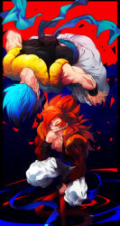 Rule 34 | blue eyes, blue sash, closed mouth, dougi, dragon ball, dragon ball gt, dragon ball super, dragon ball super broly, gogeta, highres, long hair, male focus, metamoran vest, monkey boy, monkey tail, multiple boys, muscular, muscular male, ommmyoh, pants, red fur, saiyan, sash, smile, spiked hair, super saiyan, super saiyan 4, super saiyan blue, tail, twitter username, wristband
