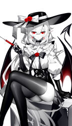 1girl artist_name choker crossed_legs feet_out_of_frame gloves halo hat highres holding holding_syringe limited_palette original pointy_ears puffy_short_sleeves puffy_sleeves red_eyes sheya shirt short_sleeves signature simple_background sitting solo spot_color syringe thighhighs white_background
