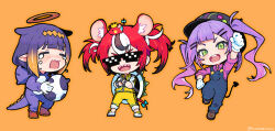 3girls :d animal_ear_fluff animal_ears baseball_cap black_headwear blue_overalls blue_yoshi blunt_bangs bowser bowser_(cosplay) bracelet brown_footwear chibi cosplay crossed_arms crown crying demon_girl demon_tail egg fake_horns fang gloves green_eyes hair_between_eyes hakos_baelz halo hat headpiece holding holding_egg hololive hololive_english horned_headwear horns jacket jewelry mario mario_(cosplay) mario_(series) mouse_ears mouse_girl mouse_tail mr._squeaks_(hakos_baelz) multicolored_hair multiple_girls ninomae_ina&#039;nis ninomae_ina&#039;nis_(artist) nintendo open_mouth orange_hair overalls pants pants_rolled_up pink_shirt pointy_ears purple_hair red_hair sharp_teeth shirt shoes smile spiked_bracelet spiked_shell spikes sunglasses tail teeth tentacle_hair tokoyami_towa twintails virtual_youtuber white_footwear white_gloves white_hair yellow_jacket yellow_pants yoshi yoshi_(cosplay)
