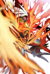 Rule 34 | armor, bakeneko38, blue eyes, digimon, digimon (creature), digimon frontier, dragon, fire, full body, helmet, highres, no humans, red armor, sharp teeth, simple background, solo, teeth, vritramon, white background