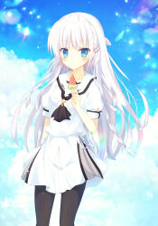 Rule 34 | 1girl, absurdres, aiyan, black neckerchief, black pantyhose, blue eyes, blue sky, blush, cloud, food, hair ornament, hairpin, highres, holding, holding food, holding popsicle, long hair, looking at viewer, naruse shiroha, neckerchief, pantyhose, popsicle, sailor collar, shirt, skirt, sky, solo, summer pockets, very long hair, watermelon bar, white hair, white sailor collar, white shirt, white skirt