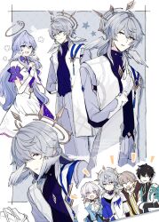 Rule 34 | 2girls, 3boys, = =, ^ ^, armband, black hair, blue eyes, blue jacket, blue shirt, border, caelus (honkai: star rail), chibi, chibi inset, closed eyes, coat, commentary, cropped legs, dan heng (honkai: star rail), dan heng (hunt) (honkai: star rail), dress, excited, flower, gloves, green coat, grey eyes, grey hair, grey pants, halo, happy aura, head wings, high collar, highres, honkai: star rail, honkai (series), jacket, long hair, looking at another, looking at viewer, march 7th (honkai: star rail), march 7th (preservation) (honkai: star rail), multicolored coat, multicolored eyes, multiple boys, multiple girls, notice lines, open mouth, own hands together, pants, parted lips, piercing, pink eyes, pink hair, purple background, purple eyes, robin (honkai: star rail), scarf, sekken88, shirt, simple background, smile, sunday (honkai: star rail), sunday (sacerdos&#039; relived ordeal) (honkai: star rail), thorns, trailblazer (honkai: star rail), two-tone coat, two-tone eyes, upper body, watermark, white background, white coat, white dress, white gloves, white scarf, wing piercing, wings