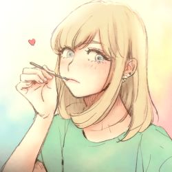 Rule 34 | 1boy, blonde hair, blue eyes, blush, crossdressing, crossdressing (mtf), ear piercing, earrings, hand up, heart, highres, holding, jewelry, looking to the side, male focus, medium hair, original, piercing, seira (yuki touko), solo, swept bangs, trap, wide-eyed, yuki touko