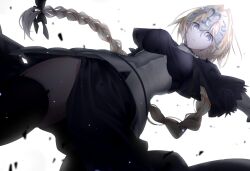 1girl armor black_ribbon blonde_hair braid fate/grand_order fate_(series) from_below hair_ribbon highres iumi_urura jeanne_d&#039;arc_(fate) long_hair parted_lips purple_eyes ribbon simple_background solo teeth white_background