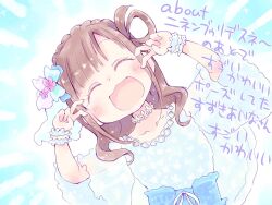 black_hair closed_eyes dress flower hair_flower hair_ornament japanese_text love_live! love_live!_sunshine!! medium_hair nekokun open_mouth simple_background standing suzuki_aina_(voice_actor) voice_actor
