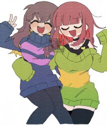 2girls :d black_choker black_pantyhose black_shirt black_thighhighs blue_sweater blush_stickers breasts brown_hair chara_(undertale) choker closed_mouth colored_inner_hair earrings fang flat_color frisk_(undertale) genderswap genderswap_(otf) green_sweater highres jewelry large_breasts long_sleeves looking_at_viewer mr0x0 multicolored_hair multiple_girls open_mouth pantyhose red_hair shirt simple_background sleeves_past_fingers sleeves_past_wrists smile striped_clothes striped_sweater sweater thighhighs too_many_watermarks turtleneck turtleneck_sweater undertale v very_long_sleeves watermark white_background zettai_ryouiki
