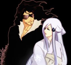 1boy 1girl bad_id bad_pixiv_id black_hair bleach bleach:_zanpakutou_ibun_hen ktsis long_hair simple_background sode_no_shirayuki sunglasses transparent_background white_background zangetsu_(bleach)