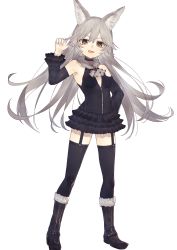 1girl :d absurdres animal_ear_fluff animal_ears armpits ascot bad_id bad_pixiv_id bare_shoulders black_boots black_choker black_dress black_sleeves black_thighhighs boots breasts brown_eyes choker commentary_request detached_sleeves dress fangs female_focus fur-trimmed_boots fur_trim garter_straps grey_ascot grey_hair hair_between_eyes hand_on_own_hip hand_up highres layered_dress long_hair long_sleeves looking_at_viewer open_mouth original pleated_dress riuichi simple_background sleeveless sleeveless_dress small_breasts smile solo standing thick_eyebrows thighhighs very_long_hair white_background