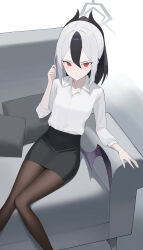 1girl absurdres black_hair black_horns black_skirt black_wings blue_archive brown_pantyhose closed_mouth collared_shirt commentary_request couch cushion demon_horns ear_piercing frown grey_hair hair_between_eyes halo hand_up highres horns kayoko_(blue_archive) looking_at_viewer miniskirt office_lady okappa_(bobbed001) on_couch pantyhose pencil_skirt piercing ponytail red_eyes shirt sidelocks single_wing skirt solo v-shaped_eyebrows white_shirt wings