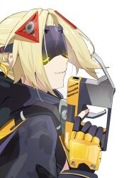 1girl absurdres black_blindfold black_hair black_shrug blindfold blonde_hair camouflage camouflage_jacket fingerless_gloves gloves highres holding jacket long_hair shrug_(clothing) single_fingerless_glove smile thr6e9e trigger_(zenless_zone_zero) white_background zenless_zone_zero