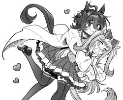 2girls agnes_digital_(umamusume) agnes_tachyon_(umamusume) ahoge animal_ears bow chemical_structure commentary ear_ornament feet_out_of_frame flustered foot_out_of_frame frilled_skirt frills greyscale hair_bow hands_on_own_face heads_together heart horse_ears horse_girl horse_tail hug hug_from_behind lab_coat long_hair monochrome multiple_girls pleated_skirt shoes skirt smile standing standing_on_one_leg tail thighhighs two_side_up umamusume wavy_eyes yokuko_zaza