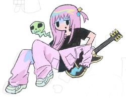 1girl black_hair bocchi_the_rock! cube_hair_ornament dot_nose electric_guitar floating_skull gibson_les_paul gotoh_hitori guitar hair_ornament instrument jacket looking_to_the_side melps multicolored_hair_bobbles pink_hair pink_jacket pink_track_suit shoes side_ahoge sitting sketch sneakers solo track_suit undressing white_background