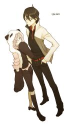 2boys black_pants black_shirt black_shoes black_shorts black_vest closed_mouth collared_shirt copyright_name hair_between_eyes headwear_with_attached_mittens inga male_focus multiple_boys pants pink_shirt shirt shoes short_hair shorts single_sock socks un-go vest yow yuuki_shinjuurou