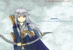 1boy 2017 armor arrow_(projectile) bow_(weapon) braid cape character_name closed_mouth collar dated egalmoth elf english_text eyebrows eyebrows_hidden_by_hair fingerless_gloves floating_hair frown gloves grey_eyes grey_hair hair_between_eyes holding holding_arrow holding_bow_(weapon) holding_weapon long_hair looking_at_viewer male_focus pointy_ears quiver shoulder_armor solo the_silmarillion tolkien&#039;s_legendarium weapon windrelyn