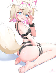 Rule 34 | 1girl, absurdres, animal ear fluff, animal ears, ass, bandaid, bandaid hair ornament, barefoot, between legs, bikini, black bikini, blonde hair, blue eyes, blush, breasts, claw pose, commentary, crossed bangs, dog ears, dog girl, dog tail, double-parted bangs, english commentary, feet, hair between eyes, hair ornament, hairband, hand between legs, hand up, heart, heart o-ring, highres, hololive, hololive english, horn hairband, looking at viewer, looking back, mococo abyssgard, multicolored hair, o-ring, o-ring thigh strap, open mouth, pink hair, pink hairband, short hair, simple background, sitting, small breasts, soles, solo, streaked hair, swimsuit, tail, thigh strap, two side up, virtual youtuber, wavy mouth, white background, x hair ornament, zambonito