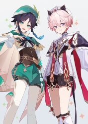 2boys :d ahoge androgynous aqua_eyes aqua_hair argyle_clothes argyle_pantyhose bard beret black_capelet black_hair blue_eyes blue_hair bow bowtie braided_pigtails braided_sidelocks brown_corset cape capelet collared_cape corset dahlia_(genshin_impact) frilled_capelet frilled_sleeves frills gradient_hair green_beret green_cape green_eyes green_hat green_shorts hat highres long_sleeves looking_at_viewer medium_hair multicolored_hair multiple_boys open_mouth pantyhose pink_hair purple_eyes short_hair shorts smile trap venti_(genshin_impact) white_hat yui_4293