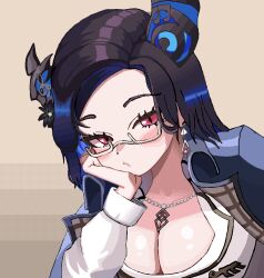 Rule 34 | 1girl, asymmetrical horns, black hair, black horns, blue hair, blue jacket, breasts, cl oor, cleavage, earrings, glasses, hand on own chin, hololive, hololive english, horns, jacket, jacket on shoulders, jewelry, large breasts, musical note, necklace, nerissa ravencroft, nerissa ravencroft (casual), official alternate costume, official alternate hairstyle, pink eyes, semi-rimless eyewear, shirt, solo, virtual youtuber, white shirt