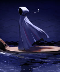 1other ambiguous_gender backlighting black_cloak boat cloak commentary_request faceless faceless_hood full_body highres hood hood_up hooded_cloak maika_(maikaoekaki) musical_note on_boat outdoors reflection reflective_water river_person_(undertale) shadow solo standing undertale water watercraft
