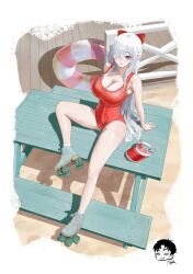 1girl bare_shoulders beach blush bow breasts cinderella_(nikke) cleavage covered_navel danny_marx goddess_of_victory:_nikke hair_bow hair_ornament hair_over_one_eye highres innertube large_breasts legs long_hair navel one-piece_swimsuit one_eye_covered parted_lips picnic_table red_bow red_eyes red_one-piece_swimsuit roller_skates sitting skates smile solo swim_ring swimsuit table thighs very_long_hair visor_cap white_hair