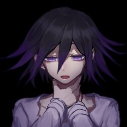Rule 34 | 1boy, black background, black hair, commentary request, danganronpa (series), danganronpa v3: killing harmony, expressionless, flipped hair, hair between eyes, hands on own neck, highres, long sleeves, male focus, nanin, narrowed eyes, oma kokichi, open mouth, portrait, purple eyes, purple hair, shirt, short hair, simple background, solo