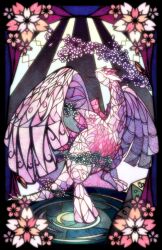 alternate_color black_border black_eyes border cherry_blossoms creatures_(company) flower free_butterfree full_body game_freak gen_2_pokemon highres legendary_pokemon light_rays looking_up lugia nintendo outside_border pink_flower pokemon pokemon_(creature) shiny_pokemon stained_glass standing