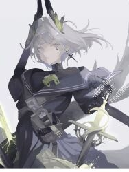 Rule 34 | 1girl, arknights, ay4 la, bird girl, black bodysuit, bodysuit, dress, earrings, english text, grey background, grey eyes, grey hair, hair intakes, head wings, highres, irene (arknights), irene (the adjudicatrix and her resolve) (arknights), jewelry, looking at viewer, medium hair, sailor collar, sailor dress, solo, sword, weapon, wings